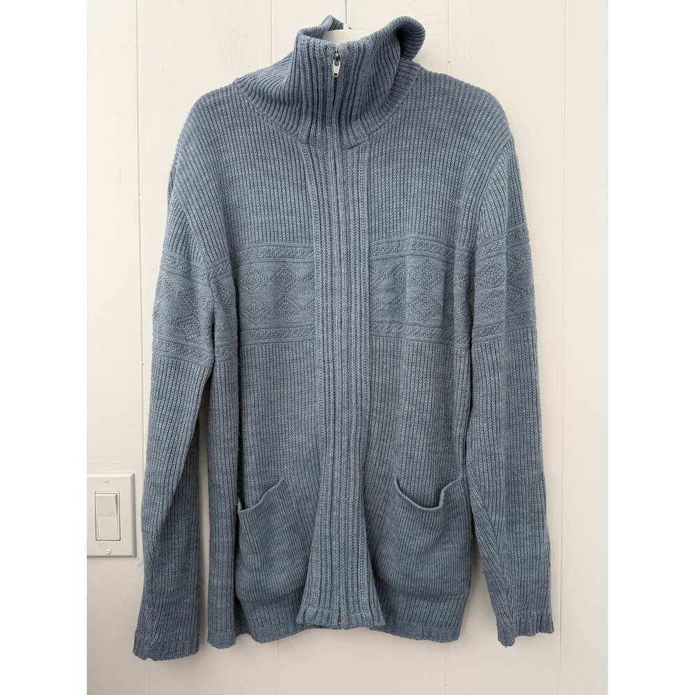 VTG 90s London Fog Mens Blue Full Zip Mock Neck Knit Cardigan Sweater Size M USA